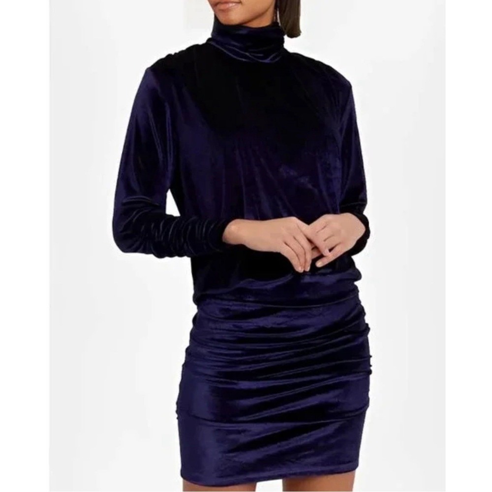 RONNY KOBO Brandy Velvet Mini Dress M/L Navy Turtleneck Ruched‎ Long Sleeve